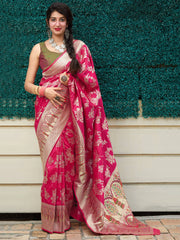 Fabulous Pink Zari Weaving Silk Festival Wear Saree With Blouse