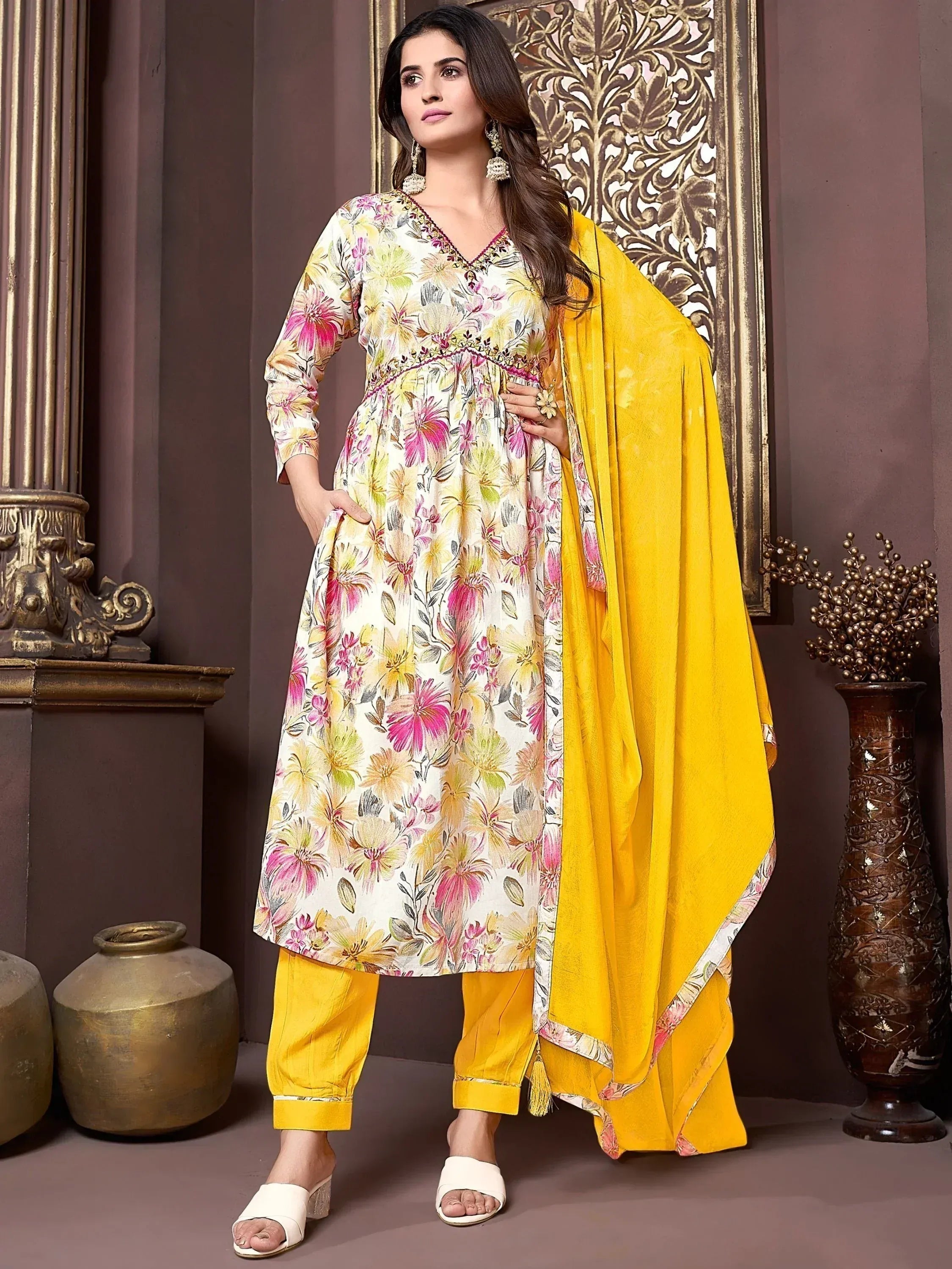 Floral print salwar kameez with yellow dupatta, Indian ethnic wear for women