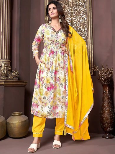 Fascinating Off-White Floral Printed Rayon Festival Wear Salwar Kameez