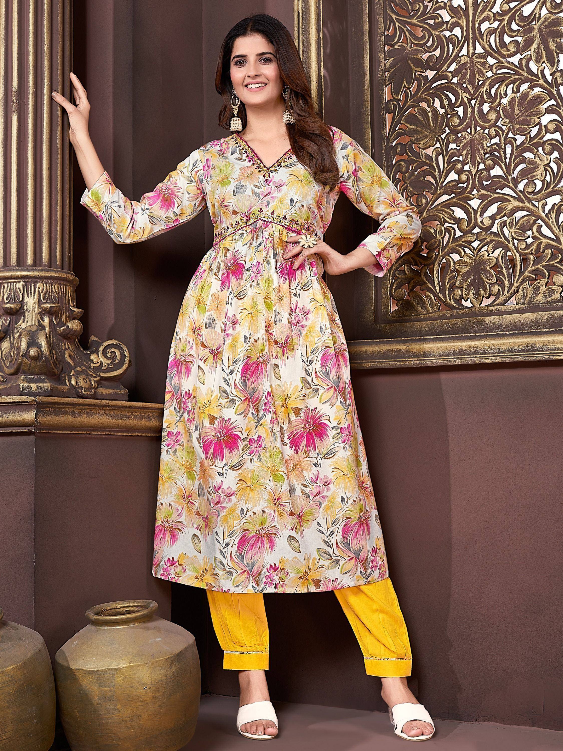 Floral print ethnic kurta with yellow palazzo pants, perfect for Indian wear