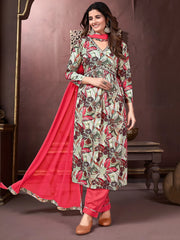 Woman in floral printed salwar kameez with red dupatta, Indian ethnic wear from Ethnic Plus