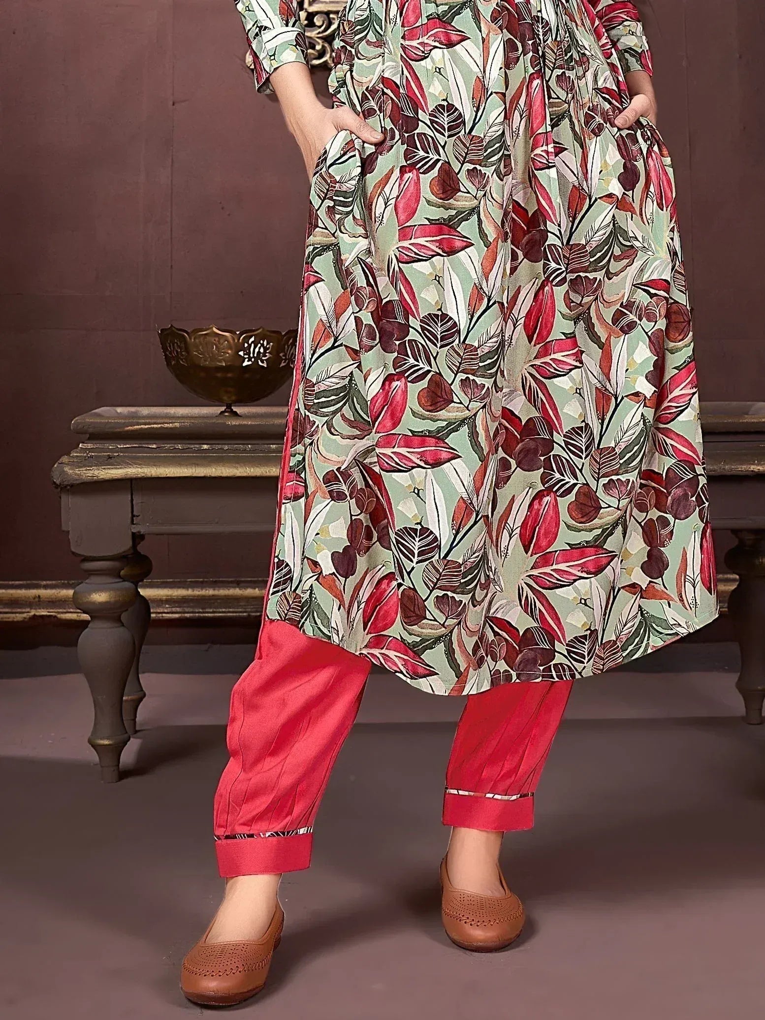 Floral print ethnic kurti with red palazzo pants, stylish Indian wear for women