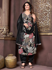 Woman in black floral printed salwar kameez with dupatta, Ethnic Plus Indian ethnic wear