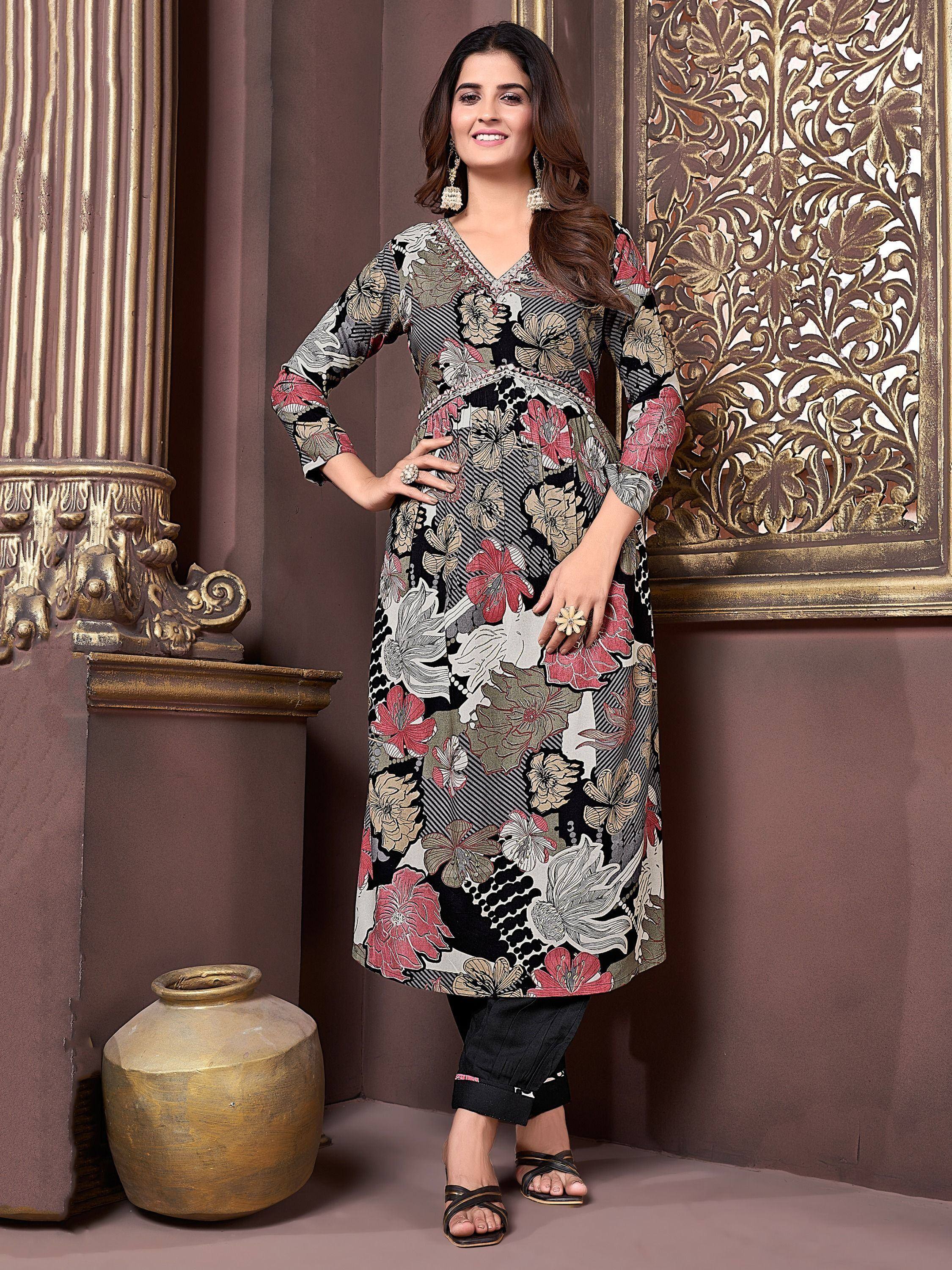 Floral print ethnic kurti with black palazzo, stylish Indian wear for women
