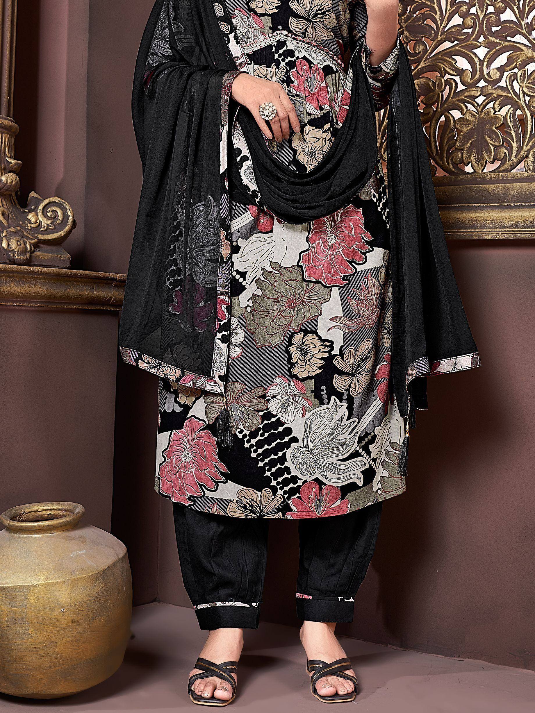 Floral print salwar kameez with black dupatta, ethnic wear for women
