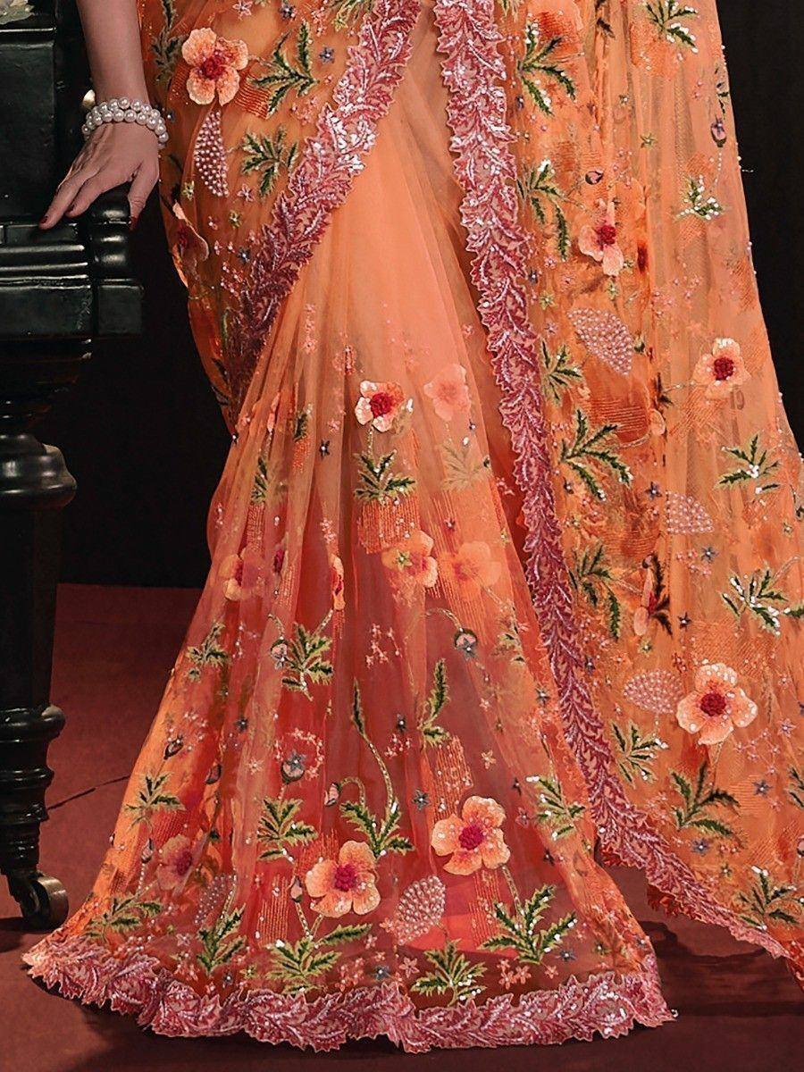 Orange floral embroidered saree with lace border, Indian ethnic wear