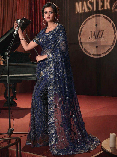 Stunning Navy-Blue Sequins Net Cocktail Party Wear Saree With Blouse