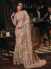 Awesome Beige Sequins Net Reception Wear Saree With Blouse