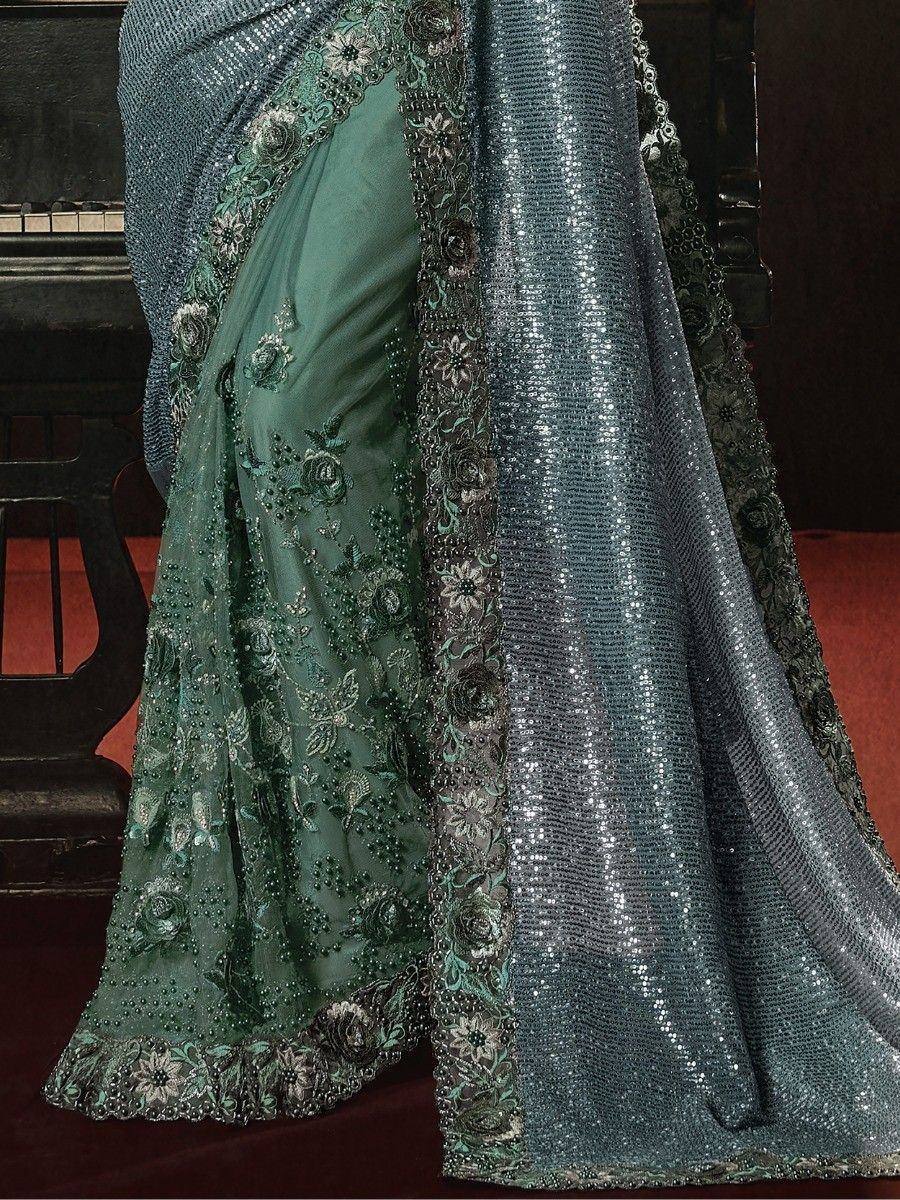 Teal sequin saree with floral embroidery and sheer border, elegant Indian ethnic wear