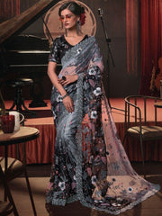 Amazing Black & Grey Sequins Net Wedding Wear Saree With Blouse