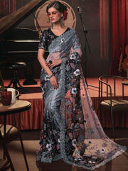 Amazing Black & Grey Sequins Net Wedding Wear Saree With Blouse