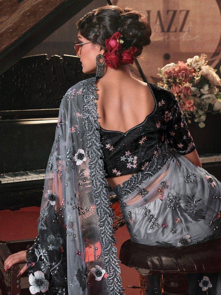 Black and grey floral embroidered saree with sheer dupatta, backless blouse, perfect for ethnic events