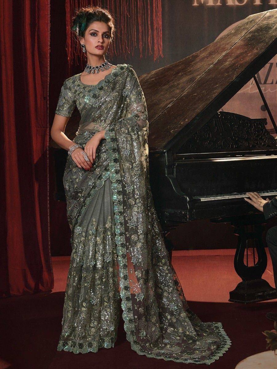 Elegant grey designer saree with sequin embroidery, perfect for Indian ethnic occasions