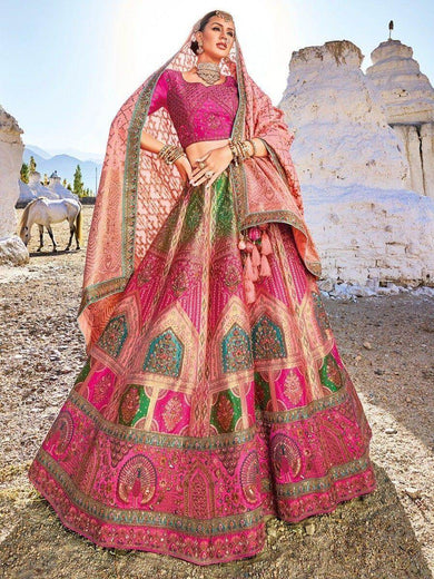 Glamorous Pink Thread Work Silk Bridesmaid Lehenga Choli With Dupatta