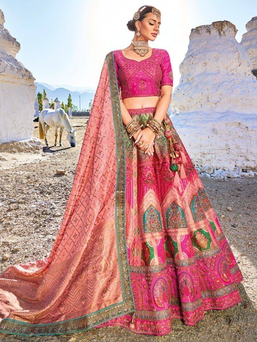 Pink embroidered lehenga choli with dupatta, traditional Indian ethnic wear for weddings and festivals