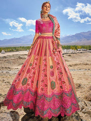 Stunning Pink Embroidered Jacquard Silk Traditional Lehenga Choli