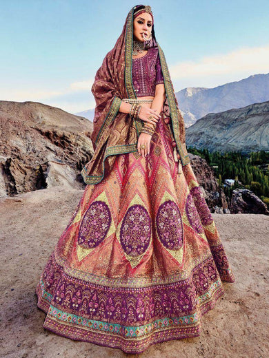 Tantalizing Peach Embroidered Jacquard Silk Bridesmaid Lehenga Choli