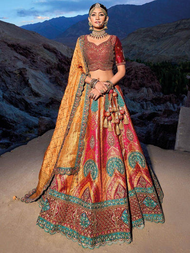 Stunning Multi-Color Embroidered Jacquard Silk Lehenga Choli