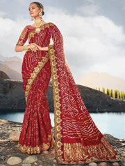 Mesmerizing Maroon Bandhani Printed Satin Wedding Wear Saree
