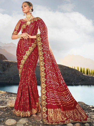 Mesmerizing Maroon Bandhani Printed Satin Wedding Wear Saree