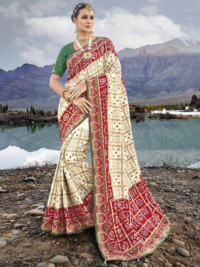 Fascinating Off-White Bandhani Printed Satin Traditional Saree With Blouse