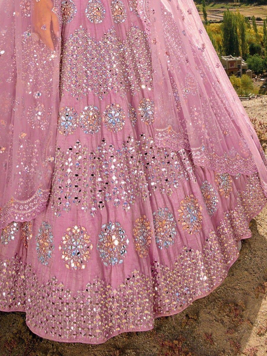 Pink designer lehenga choli with mirror work and embroidery, ethnic Indian wear