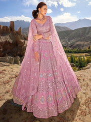 Pretty Light Pink Mirror Work Organza Engagement Wear Lehenga Choli