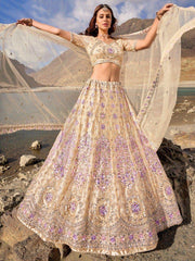 Magnetic Beige Mirror Work Net Designer Lehenga Choli With Dupatta