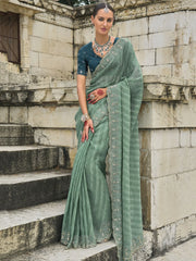 Fascinating Teal Green Jarkan Work Tissue Silk Saree With Blouse