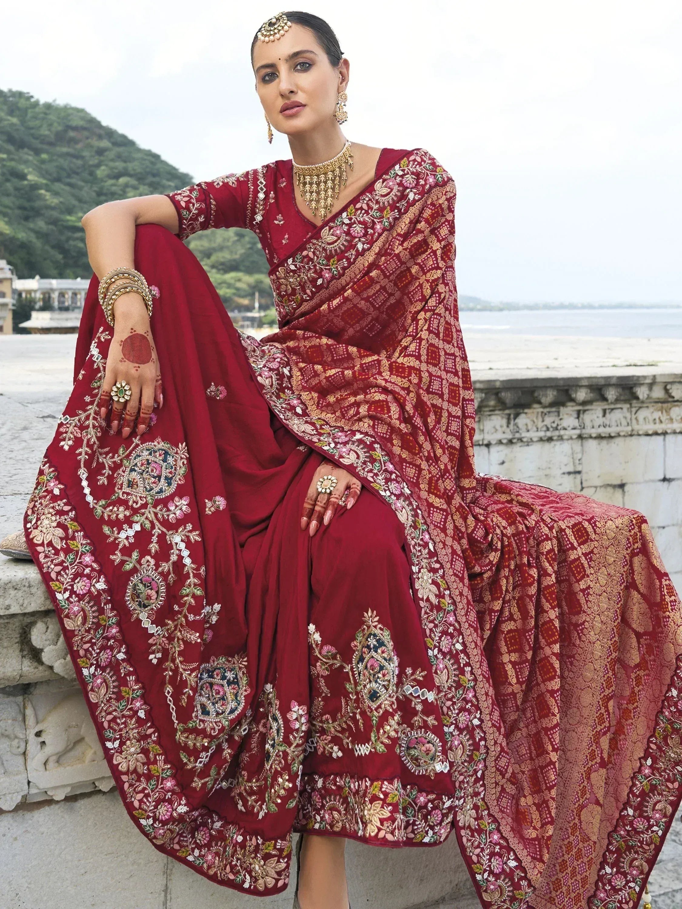 Elegant maroon embroidered saree with floral motifs, perfect for Indian ethnic wear occasions