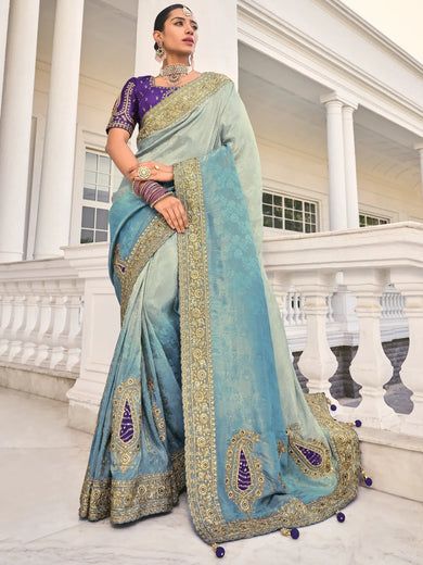 Stunning Grey & Blue Jarkan Work Jacquard Wedding Saree With Blouse
