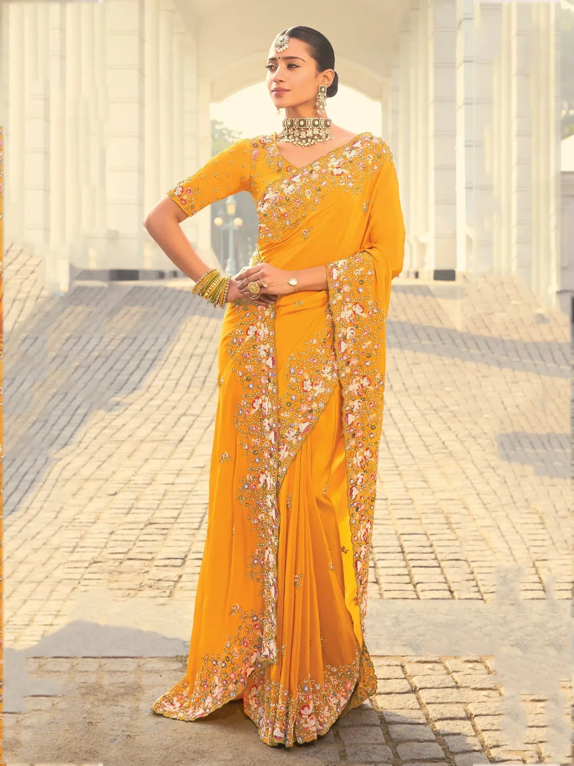 Yellow floral embroidered saree with designer blouse, perfect for Indian ethnic occasions