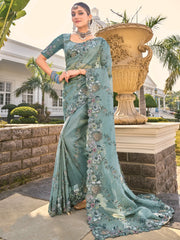 Stunning Sea Green Sequins Organza Engagement Wear Saree