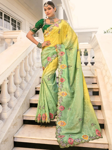Fascinating Green Thread Work Jacquard Engagement Wear Saree