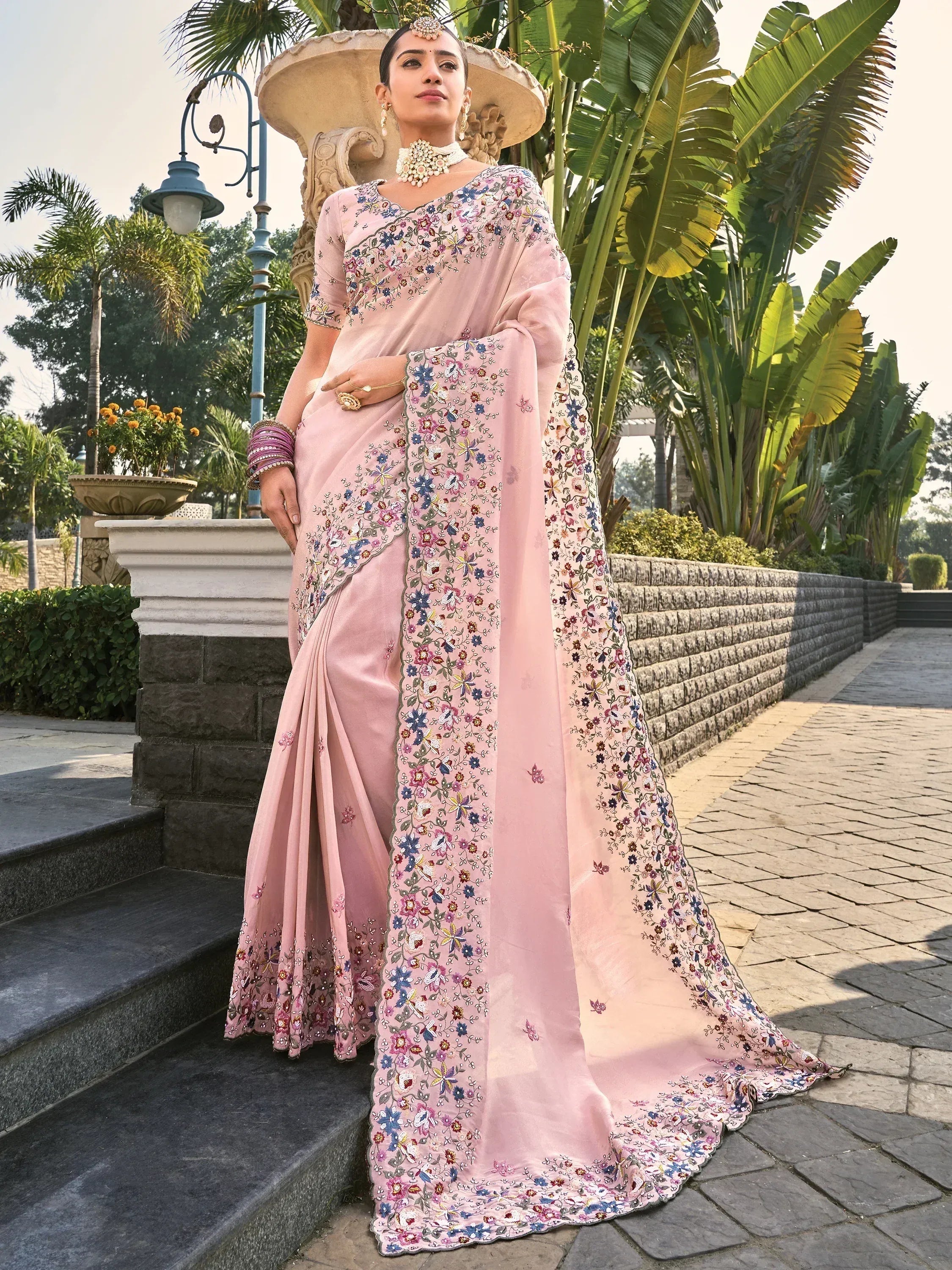Pink floral embroidered saree with designer blouse, perfect for Indian ethnic occasions and weddings