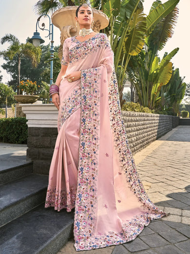 Glamorous Pink Thread Work Banarasi Silk Traditional Saree With Blouse