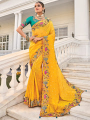 Beautiful Yellow Heavy Border Work Crepe Wedding Saree With Blouse