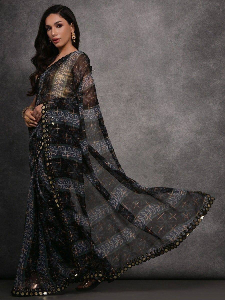Black and gold printed saree with sequin border, ethnic Indian wear for women