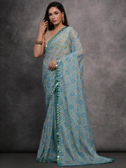 Delightful Sky-Blue Digital Printed Georgette Saree With Blouse