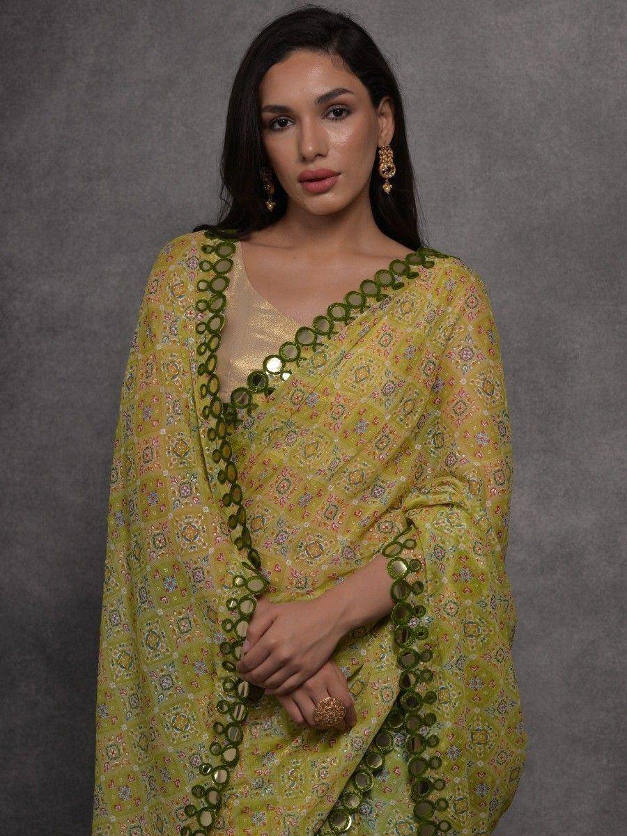 Yellow printed saree with green mirror work border, ethnic Indian wear