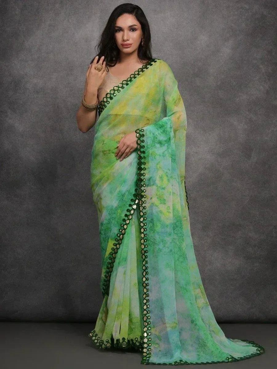 Green tie-dye saree with mirror work border, Indian ethnic wear for women
