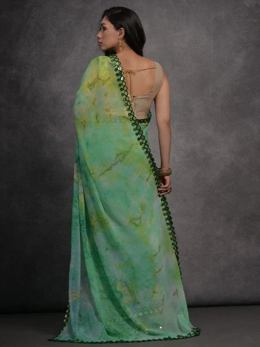 Green tie-dye saree with mirror work border, back view, ethnic wear for women