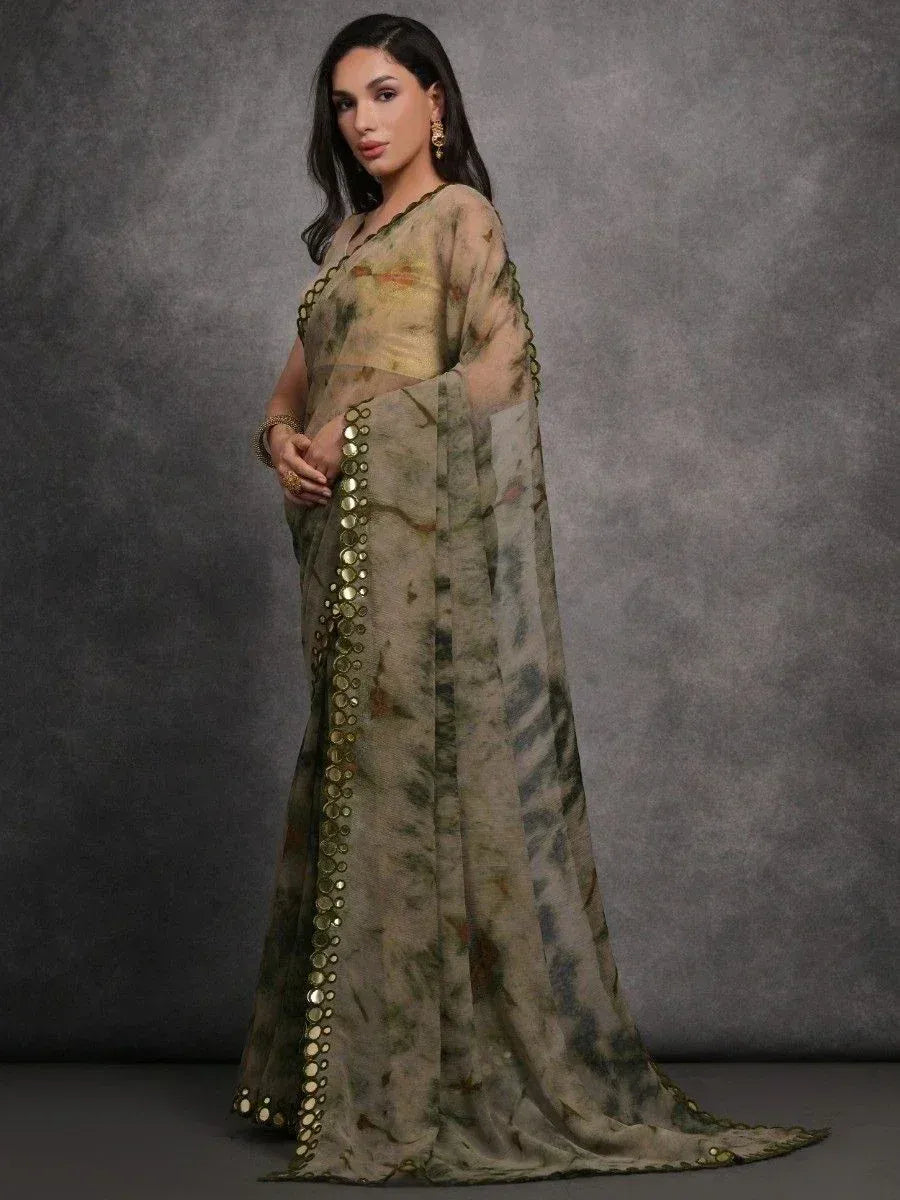 Elegant olive green saree with gold mirror work, perfect for Indian ethnic occasions