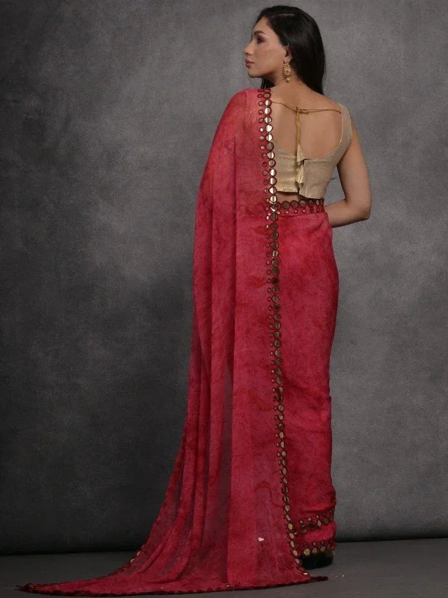 Red designer saree with gold mirror work and backless blouse, ethnic wear for women