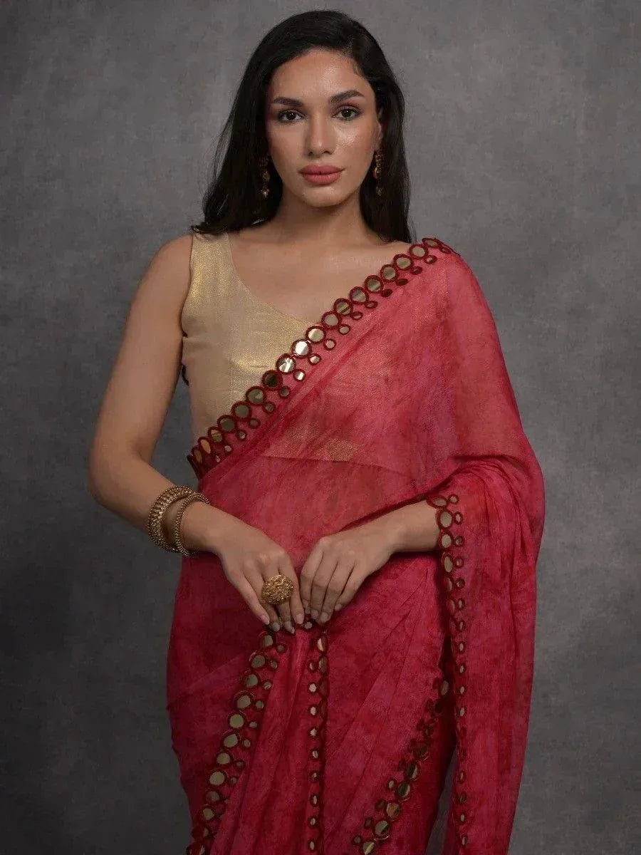 Red saree with mirror work and gold blouse, Indian ethnic wear