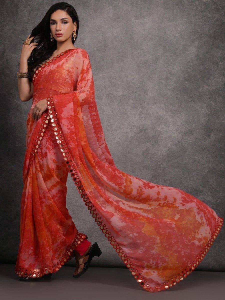 Orange tie-dye saree with mirror work, Indian ethnic wear for women