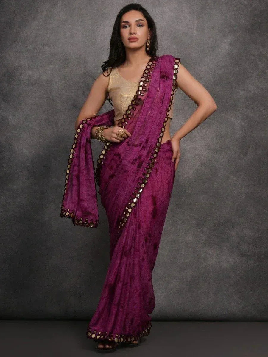 Purple ethnic saree with gold mirror work, paired with beige blouse, perfect for Indian occasions