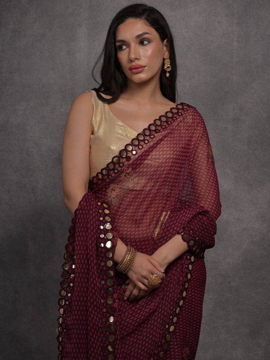 Maroon saree with mirror work and gold blouse, ethnic Indian wear