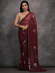 Charming Maroon Foil Printed Georgette Festival Wear Saree With Blouse