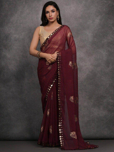 Charming Maroon Foil Printed Georgette Festival Wear Saree With Blouse